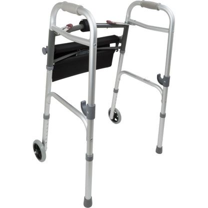 ProBasics Two-Button Folding Walker with Wheels and Roll-Up Seat
