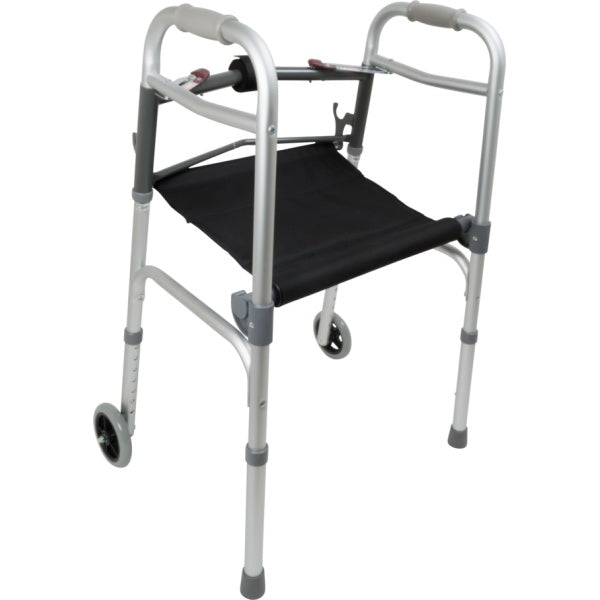 ProBasics Two-Button Folding Walker with Wheels and Roll-Up Seat