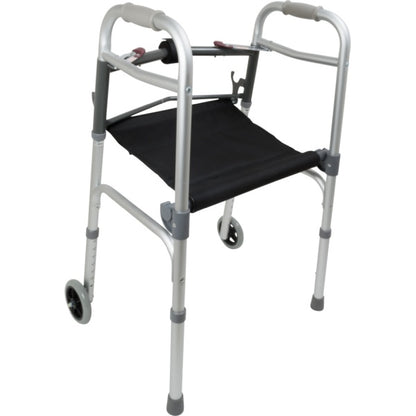 ProBasics Two-Button Folding Walker with Wheels and Roll-Up Seat