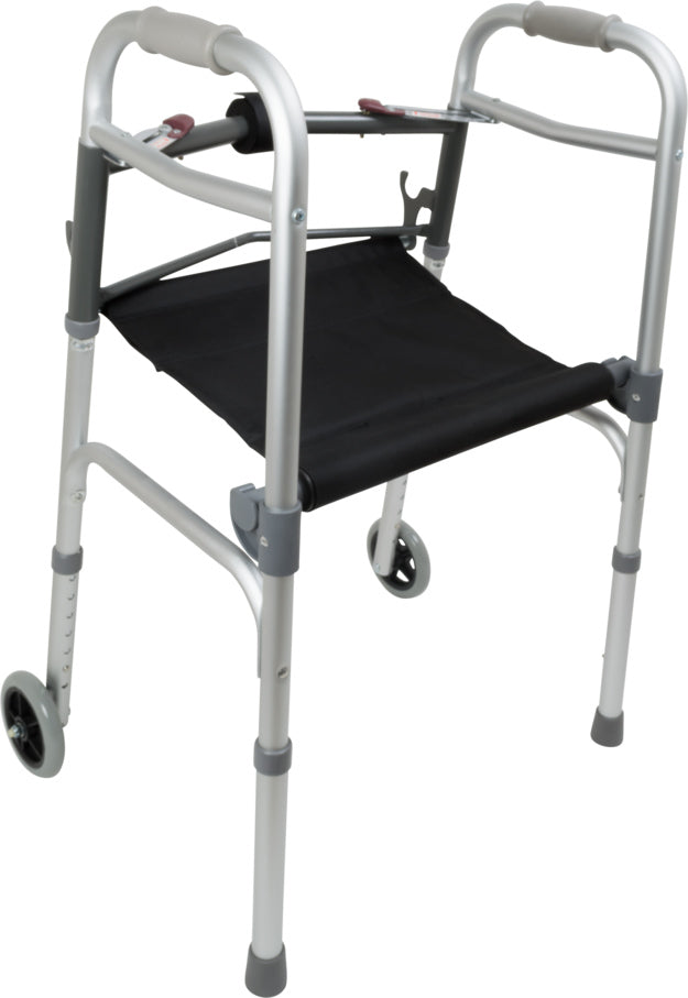 ProBasics Two-Button Folding Walker with Wheels and Roll-Up Seat