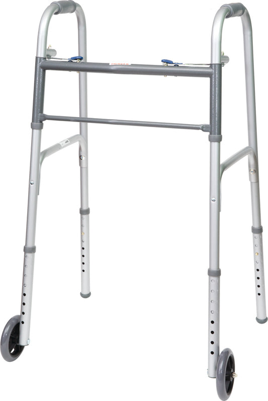 Two-Button Folding Steel Walker with 5" Wheels, (Adult)